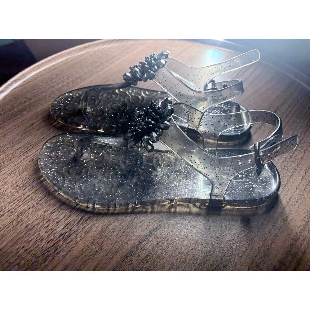 Coach Hilda Black Glitter Jelly Sandals Crystal Beaded Flower Thong